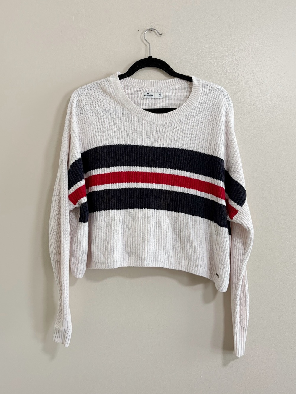 Hollister Cropped Crewneck Sweater with Navy and Red Stripes Size X Small